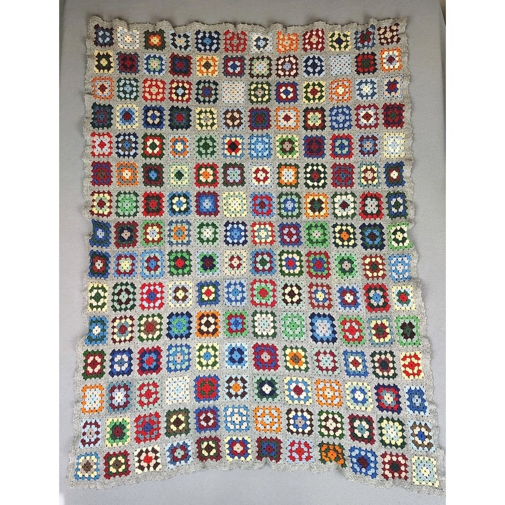 Vintage Granny Square Blanket Crochet Afghan Lap Couch Back 54x41 Gray Border EC